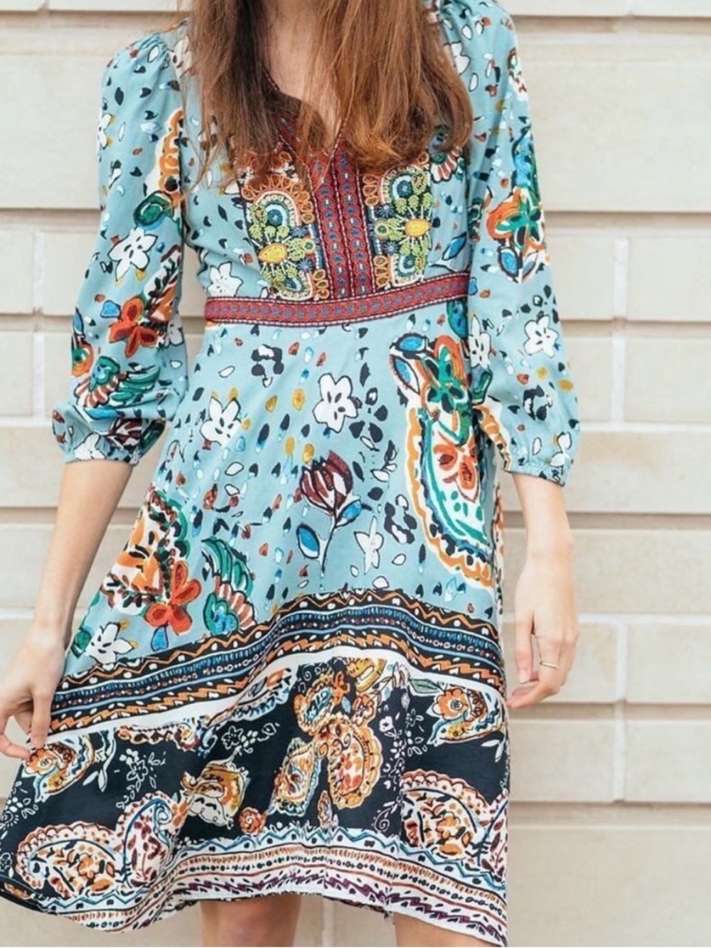 Anthropologie Akemi + Kin Karmina Blue Beaded Floral Paisley Midi Dress Size 4